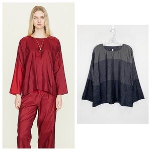 Dosa Tunisian Top (Sz 2 = S/M) Crinkled 100% Silk Long Sleeve Colorblock